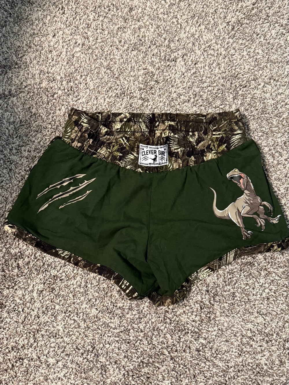 Hot topic jurassic park Olive Green Women's Shorts with Dinosaur Graphic